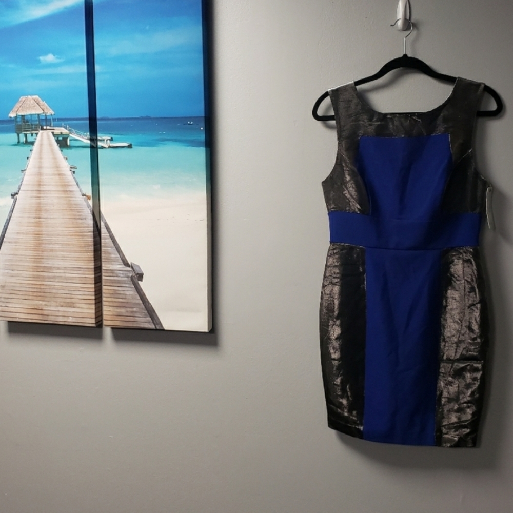 NWT Tracy Reese Lame Combo Sheath Dress Size 8 In Cobalt Blue & Silver